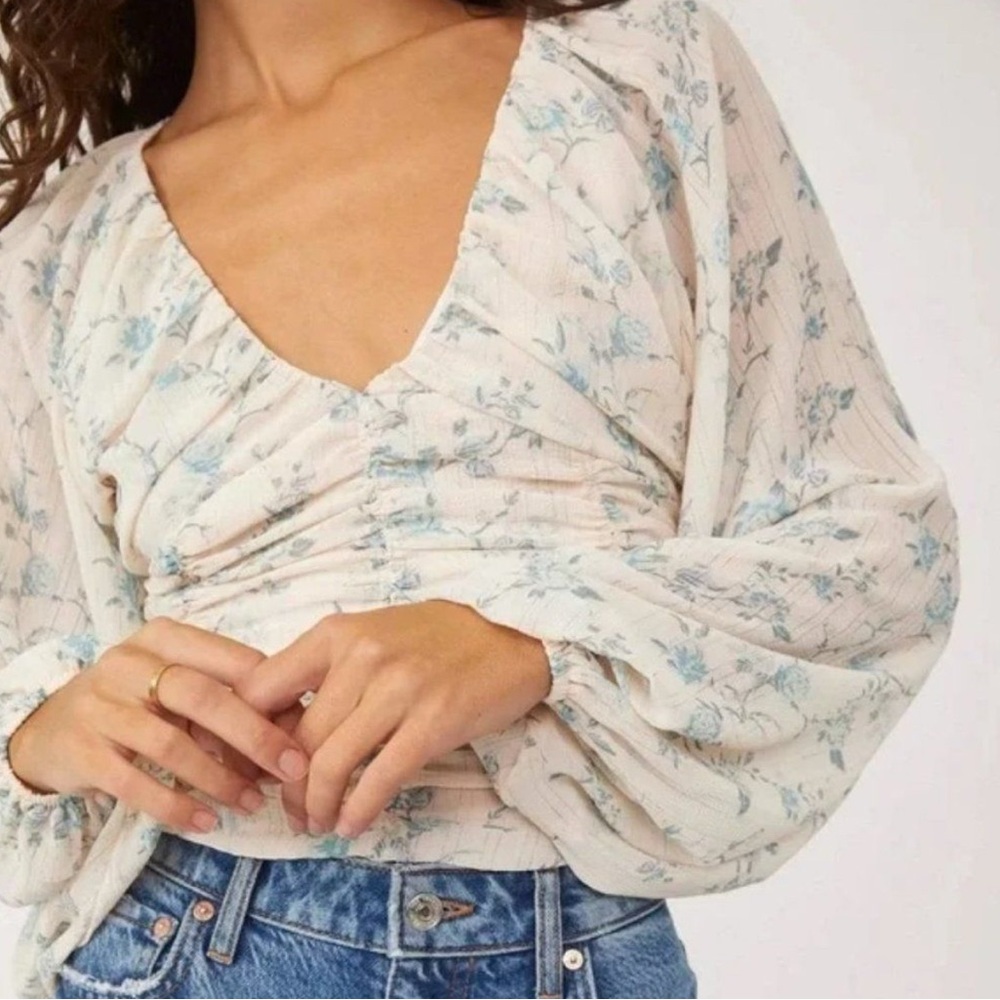 Free People Cream and Blue Floral Top - Picture 2 of 3